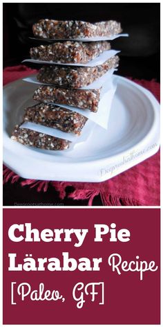 cherry pie bar recipe on a plate with text overlay that reads cherry pie bar recipe pale, gf