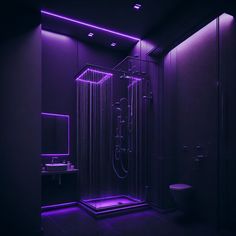 a bathroom with purple lighting on the walls and floor, along with a walk in shower