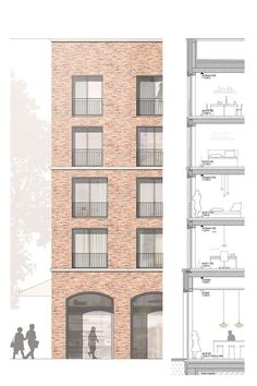 an architectural drawing of a brick building with several balconies and people walking by