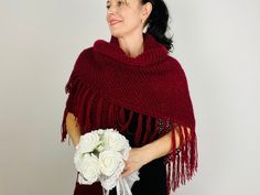 "❤READY TO SHIP https://etsy.me/3ygSPbn ❤FAST SHIPPING from the USA https://etsy.me/3dmHrSe ❤SHAWL PIN-CLIP HERE: http://etsy.me/3ezPsWg Length 94\"/240cm Bordo bride shawl winter knit shoulder wrap wool triangle shawl fringe wedding shawl bridesmaid shawl anniversary gift 100% Handmade and I'm proud of it Measurements: Size ---Length - top 94\" / 240 cm, Center height 37'' / 95 cm + Fringe 6\" / 15cm Soft warm blend yarn MOHAIR+WOOl+ Premium Acrylic Look, please, more: https://etsy.me/300Vzf8 Y Winter Wedding Shawl Scarf, Winter Gift Shawl, Elegant Fringe Shawl For Wedding, Elegant Fringed Shawl For Wedding, Elegant Fringed Shawl For Winter, Elegant Winter Shawl With Fringe, Bohemian Wedding Shawl For Winter, Bohemian Winter Wedding Shawl, Wedding Shawl Bridesmaid