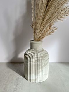 a white vase sitting on top of a table next to a plant with long grass sticking out of it