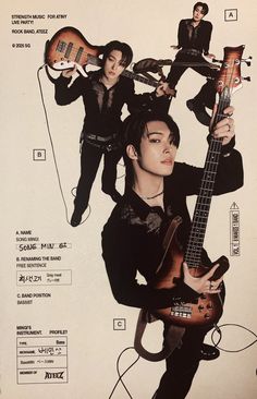 a man holding a guitar in front of his face with other musicians around him and an advertisement for the band's new album