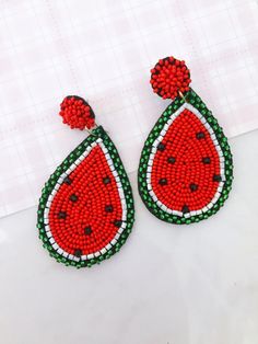 watermelon beaded earrings with pom poms