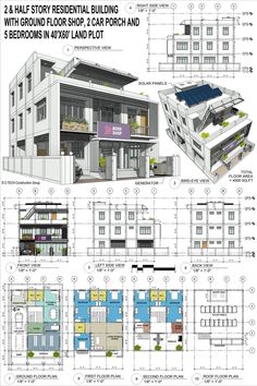 the plans for two story residential building with ground floor and front porchs in 4x4 land plot