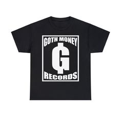 Goth Money Records Logo T-Shirt Tee, printed on high-quality blank, using a high quality print on the front! ⭐️ Fits true to size, size up for a baggier/larger fit, size down for smaller fit! ⭐️ High-quality print and material! ⭐️ Fast Shipping with tracking! - 100% cotton - Fabric weight: 5.0-5.3 oz/yd² (170-180 g/m²)  - Tubular fabric - Taped neck and shoulders - Double seam at sleeves and bottom hem Band Merch Shirt With Logo Print, Band Merch Cotton Shirt With Logo Print, Cotton Band Merch Shirt With Logo Print, Grunge Shirt With Letter Print For Fan Merchandise, Cotton Band Merch Shirt With Logo, Grunge Style Shirt With Letter Print For Fans, Hip Hop Shirt With Letter Print For Fan Merchandise, Band Merch Pre-shrunk T-shirt For Streetwear, Band Merch Graphic T-shirt For Streetwear