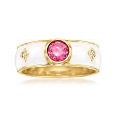 Ross-Simons - .40ct Pink Topaz, White Enamel Ring, Diamond Accents Over Sterling. Size 6. An RS exclusive. Bejeweled in a berry hue, this ring features a sweet .40 carat round pink topaz and pair of shimmery diamond accents atop a crisp white enamel backdrop. The fresh colors pop against their warm setting of polished 18kt yellow gold over sterling silver. 1/4" wide. Pink topaz ring. Pink Topaz Ring, Pear Shaped Ring, Topaz Color, Ring With Diamond, Pink Topaz, Natural Gold, Jewelry Essentials, Sterling Jewelry, Enamel Ring