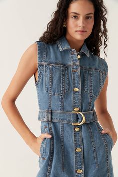 Darcie Denim Midi Dress | 90's Wash | Aje – Aje ROW Chic Belted Sleeveless Denim Dress, Chic Sleeveless Belted Denim Dress, Fitted Collared Belted Denim Dress, Fitted Collared Denim Dress With Belt, Chic Belted Button-up Denim Dress, Short Sleeve Belted Denim Workwear Dress, Belted Midi Denim Dress For Work, Belted Denim Dress With Short Sleeves For Work, Knee-length Belted Denim Dress For Work