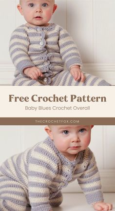 a baby is laying down on the floor wearing a striped pajamas and smiling at the camera with text overlay that says free crochet pattern