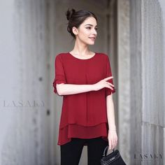 Lasaky - Loose-Fitting Plus Size Short-Sleeved Blouse in Breathable Chiffon, for Stylish Belly Coverage Floral Print Sweater, Floral Chiffon Blouse, Woman Wine, Plus Size Shorts, Floral Chiffon, Chiffon Blouse, Chiffon Fabric, Flared Sleeves, Short Sleeve Blouse