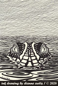 a black and white drawing of two people in the water with their heads above them