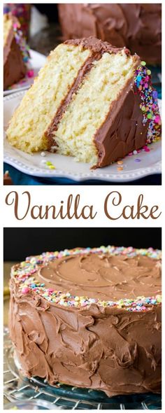 vanilla cake with chocolate frosting and sprinkles on the top, side by side