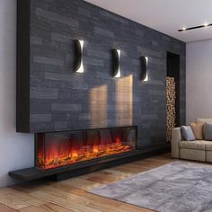 a living room with a fire place in the center and three lights on each side