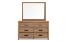 a wooden dresser with a mirror on it's top and bottom drawer, in front of a white background