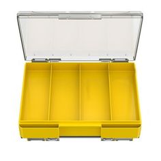 an empty yellow plastic box with compartments