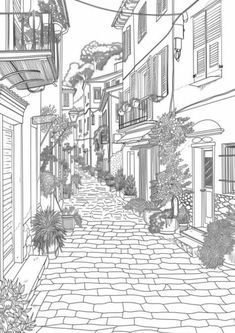 a drawing of an alleyway with buildings and plants on either side, in black and white