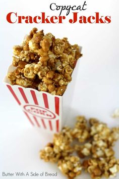 popcorn cracker jacks in a red and white striped box with text overlay