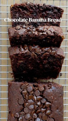 three chocolate banana breads stacked on top of each other, with the words chocolate banana bread