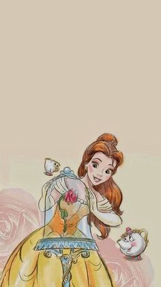 a drawing of a princess in a yellow dress with roses on the skirt and a teapot next to her