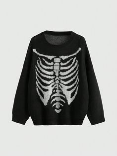 Skeleton Pattern Drop Shoulder Sweater,Long Sleeve Tops Black Casual  Long Sleeve Fabric Halloween Pullovers High Stretch Spring/Fall Women Clothing, size features are:Bust: ,Length: ,Sleeve Length: Outfit Navidad, Goth Skeleton, Skeleton Clothes, Skeleton Pattern, Clown Clothes, Skeleton Sweatshirt, Casual Halloween, Long Sleeve Pullover Sweater, Drop Shoulder Sweaters