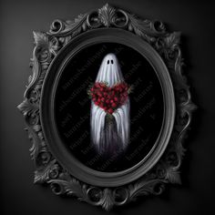 a painting of a ghost with roses in it's mouth is framed on a black wall