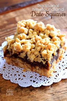 traditional newfoundland date squares on a doily