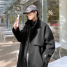 47737635504416|47737635537184|47737635569952|47737635602720 Black Long Pea Coat With Pockets, Black Single-breasted Wool Coat For Cold Weather, Black Single Breasted Long Pea Coat, Black Single-breasted Long Pea Coat, Black Single Breasted Outerwear For Streetwear, Casual Collared Wool Coat For Winter, Casual Stand Collar Wool Coat For Fall, Casual Wool Coat With Stand Collar For Fall, Oversized Black Double-breasted Pea Coat