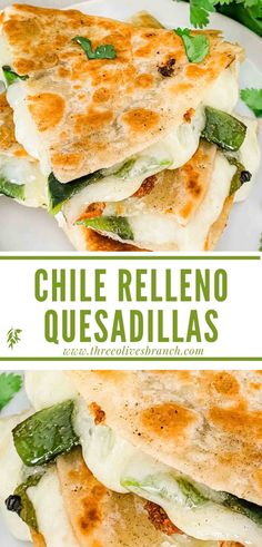 two quesadillas stacked on top of each other with cheese and green peppers