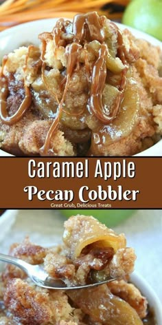 caramel apple pecan cobbler recipe on a white plate with text overlay