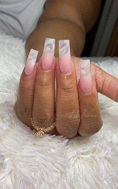 Milky White Marble Nails Acrylic, Long Tapered Square Nails French Tip, Long Acrylic Nails Square Ideas Pretty, Nails Acrylic Clear Pink, Ombré Square Nails, Square Acrylic Nails Medium Length, Classic Acrylic Nails, Fashion Acrylic Nails, Ombre French Tip Nails