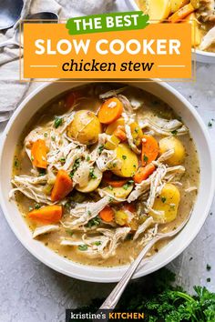 This slow cooker chicken stew has chicken, potatoes and carrots in a flavorful broth. It's a cozy crockpot meal that the whole family will love!