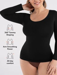 Introducing the Shapermint Essentials All Day Every Day Long Sleeve Shaping T-Shirt - a flawless fusion of style, comfort, and versatility. This style will become your ultimate wardrobe staple, effortlessly smoothing your tummy, back, and upper arms. This shaping essential will flatter and enhance your curves. Its opaque, non-see-through fabric even allows you to confidently wear it as an outerwear top. Plus, the comfortable and breathable material ensures unrivaled comfort for round-the-clock w Comfortable Black Long Sleeve T-shirt, Black Seamless Long Sleeve Top, Black Long Sleeve T-shirt With Comfortable Fit, High Stretch Black Tops With Seamless Design, Fitted Seamless Crew Neck Top, Black High Stretch Seamless Top, Seamless Stretch Crew Neck Top, Black Seamless Scoop Neck Top, Shapewear