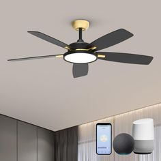 a ceiling fan with two lights and an appliance in front of the ceiling