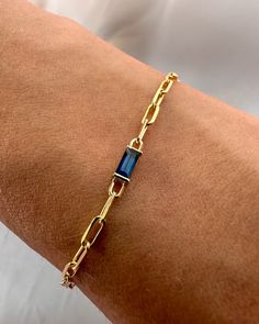 Baguette Cut Sapphire 14K Solid Gold Bracelet Baguette Cut  PaperClip Chain, Diamond Bracelet, Blue Sapphire, Pink Sapphire, Bracelet Stack A modern minimalist design, set with a natural blue sapphire baguette in a open bezel setting that is part of the chain and is connected in the middle.  Bracelet description: * Bracelet length: 7.09" / 18 cm.  * Chain: Paper clip  0.09"/ 0.023 cm wide. * Materiel: 14K Yellow Gold Stones: option 1: ------------ * Stone: Natural diamond * Carat weight: approx. Chain Types, Baguette Bracelet, Gem Tones, Chain Diamond, Solid Gold Bracelet, Gold Armband, Cvd Diamond, Bracelet Blue