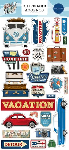 a sticker sheet with different types of travel related items on it and the words road trip