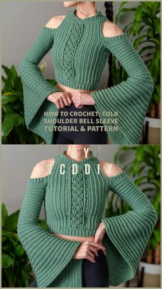 two photos showing how to crochet cold shoulder sweaters with sleeves and open shoulders