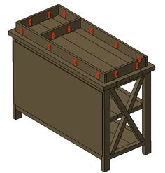 a wooden table with red dots on the top and bottom section, viewed from above