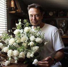 a man holding a bouquet of white roses in front of a window with shutters