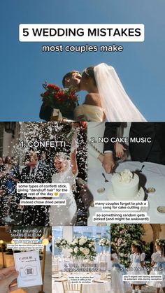 a collage of wedding pictures with the words, 5 wedding mistakes most couples make