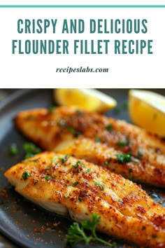 crispy and delicious fish fillet recipe on a black plate with lemon wedges