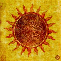 the sun is shining brightly on an old paper textured with gold and red paint