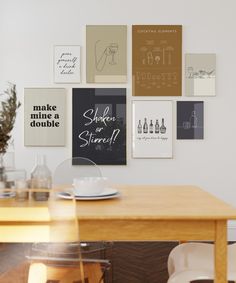 a dining room table with chairs and pictures on the wall above it that says, make mine & double?