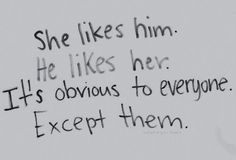 graffiti written on the side of a white wall with black writing that says she likes him he likes her it's obvious to everyone except them