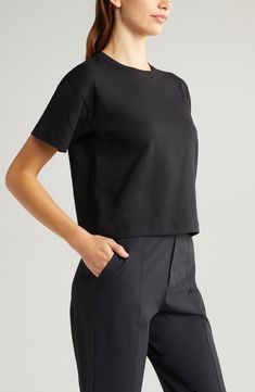 Work up a sweat in this crewneck T-shirt cut with a boxy fit from a lightweight blend that will help keep you cool no matter what you do. 22 1/2" length (size Medium) Crewneck Short sleeves 47% pima cotton, 47% Tencel® modal, 6% spandex Tencel modal is a sustainably produced fiber made with closed-loop processing and is certified with the EU Ecolabel as having a low environmental impact throughout the entire lifecycle Machine wash, dry flat Made in Peru T Shirt Cut, Favorite Daughter, Romantic Dress, Cut Tshirt, Designer Clothes For Men, Environmental Impact, Cut Shirts, Comfortable Dress, Autumn Fashion Women