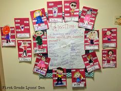 a bulletin board with children's names and pictures on it, all pinned together