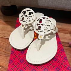 Brand New Tory Burch Miller Sandals White Leather Size 8 Tory Burch Espadrilles, Tory Burch Flip Flops, Rope Sandals, Miller Sandal, Cute Shoes Heels, Tory Burch Sandals, Sandals White, Embroidered Leather, Tory Burch Miller