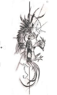 a black and white drawing of a bird with wings on it's back side