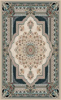 an intricately designed rug with blue, beige and green colors on the bottom half