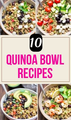 bowls filled with quinoa, black olives and avocado in them