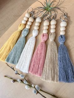 four tasseled necklaces with air plant in the background