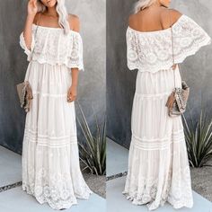 White Lace Off Shoulder Dress Maxi Bridesmaid Wedding Dress Lined Summer Wedding Off-shoulder Maxi Dress, Off-shoulder Maxi Dress For Wedding, White Lace Off-shoulder Maxi Dress, White Off-shoulder Bridesmaid Dresses, Summer Wedding Dress With Lace Patchwork, Fitted Wedding Dress For Garden Party, Off-shoulder White Dress For Wedding Guest, Off-shoulder Lace Dress For Spring Wedding, White Off-shoulder Dress For Wedding Guest